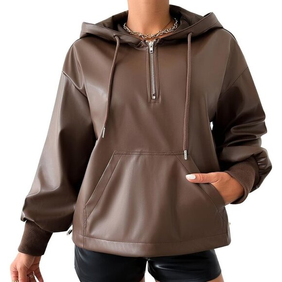 Leather Jacket Women Oversized Hoodies Jacket Moto Biker Zip Up - Picture 1 of 3